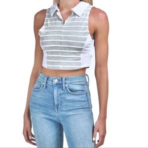 BCBGeneration Womens Gray Cotton Scalloped Collared Crop Top Shirt Size S